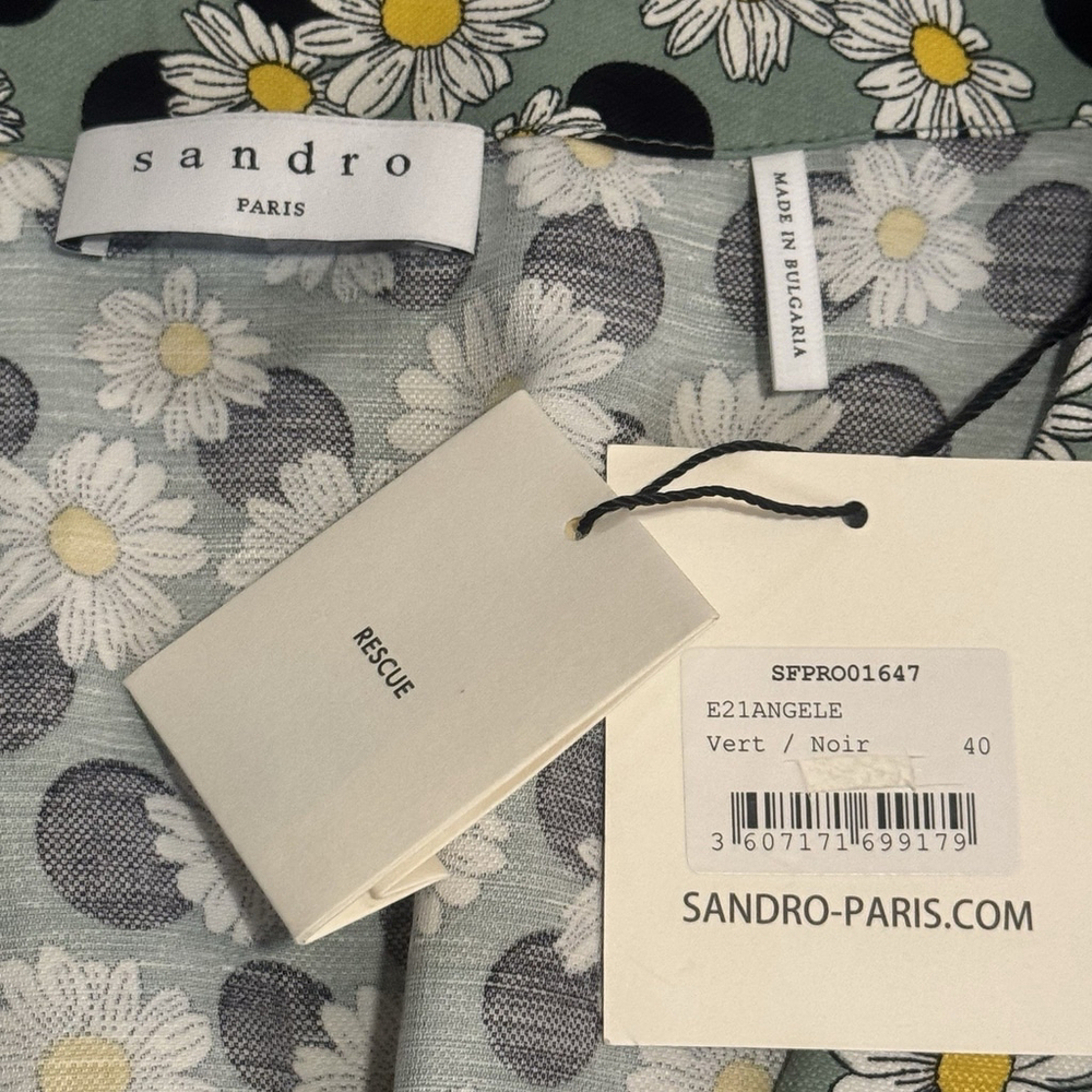 NWT Sandro Ruched Printed Linen-Blend Dress Size:40(US 8) Floral Polka Dot Green - Picture 6 of 11